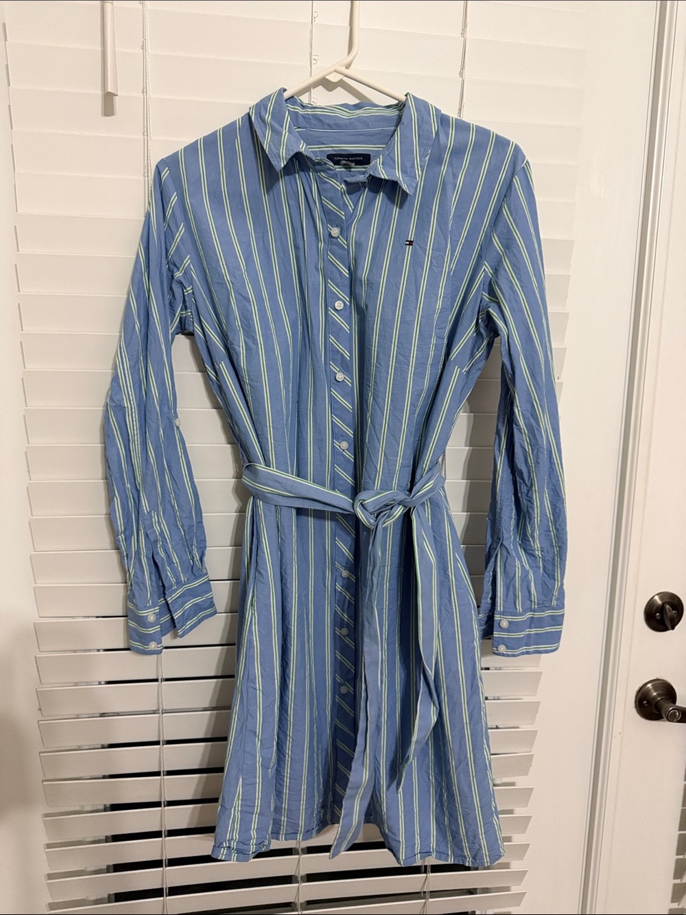 Tommy Hilfiger Blue and White Striped Button Shirt Dress with Tie Waist